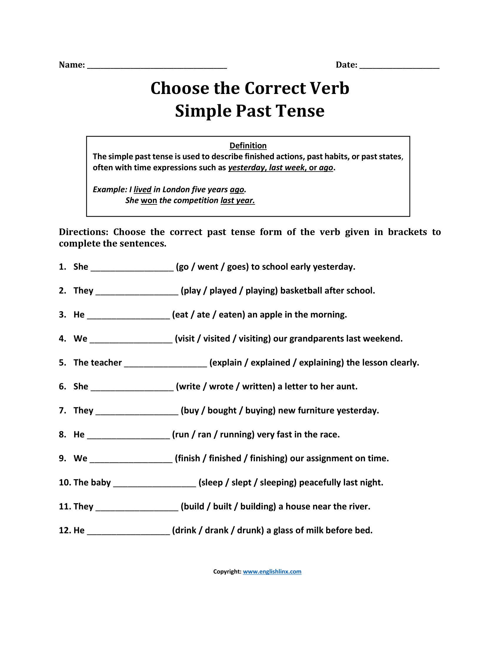 Choose Correct Simple Past Tense Worksheets